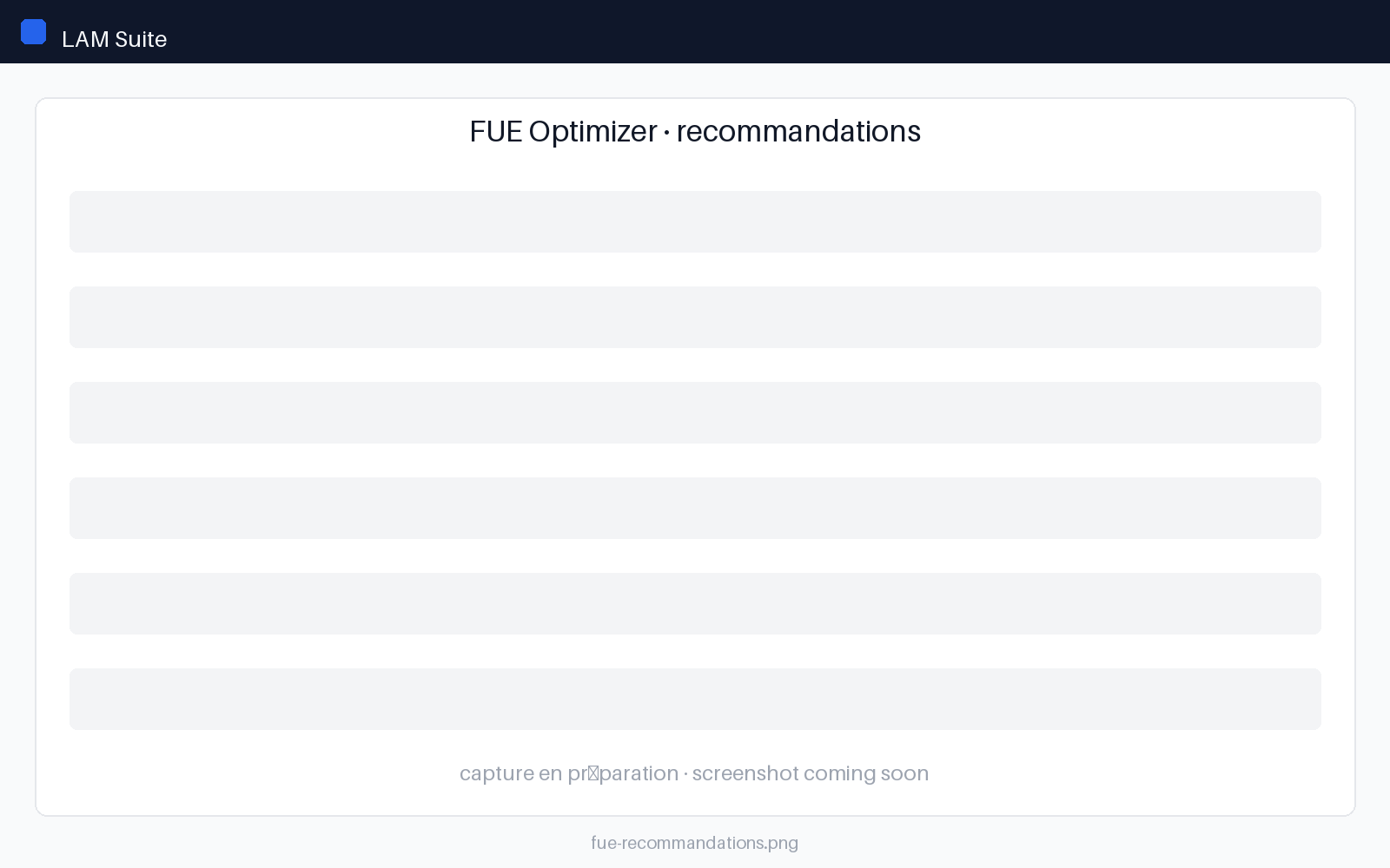 Recommandations d'optimisation FUE priorisées par gain dans LAM Suite